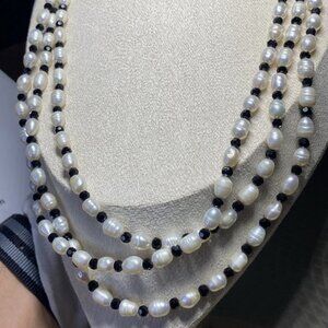 Sterling Silver 925 Pearl & Black Bead Triple Strand Necklace 23”